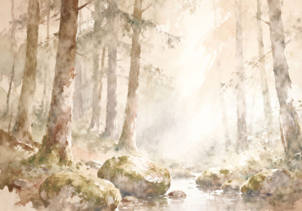 Watercolor painting of a river with rocks and trees