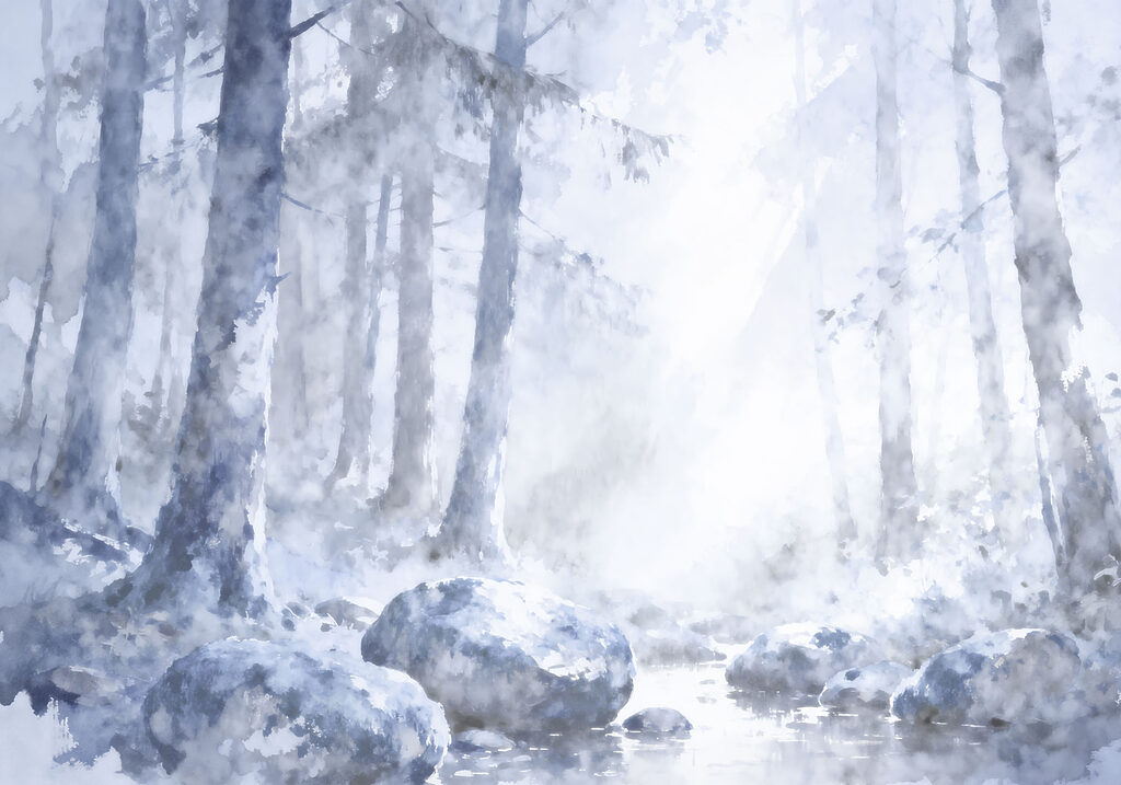 Watercolor painting of a river with trees and rocks Watercolor painting of a river with trees and rocks