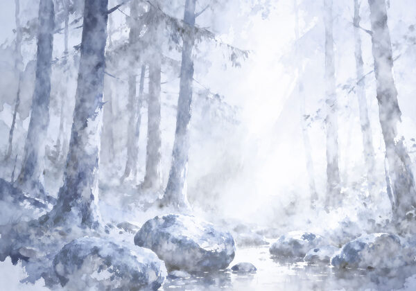 Watercolor painting of a river with trees and rocks Watercolor painting of a river with trees and rocks