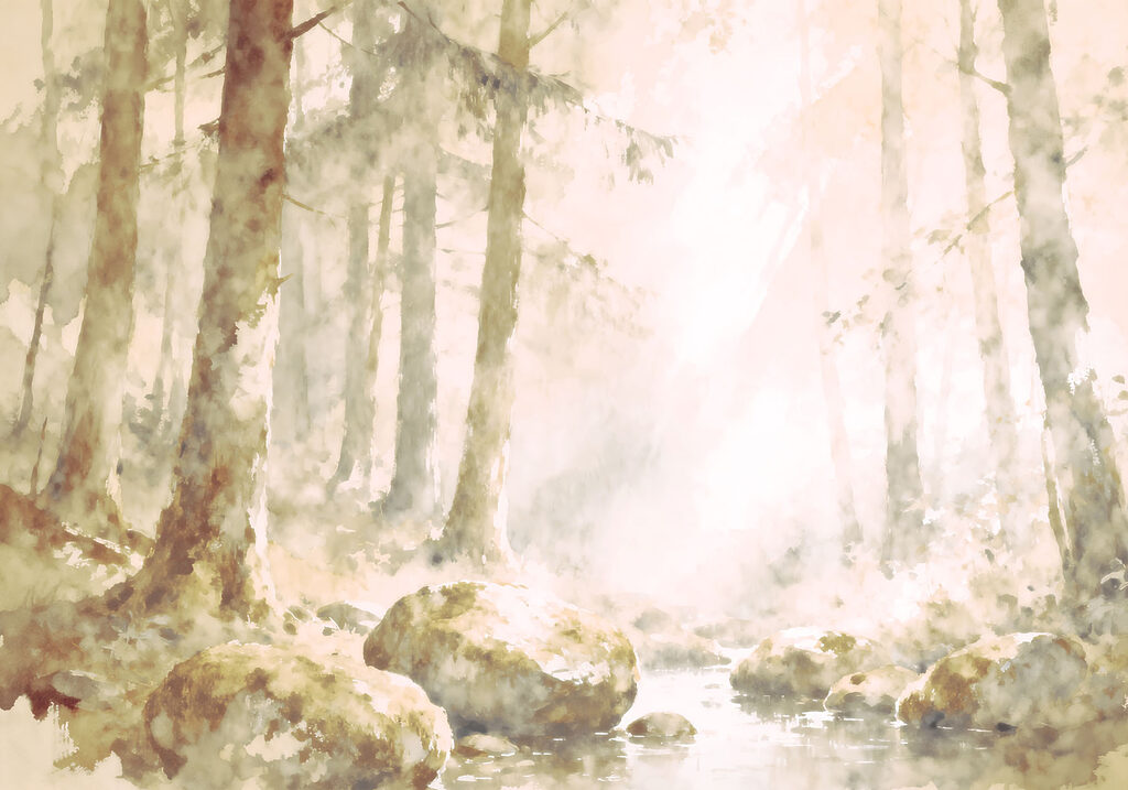 Watercolor painting of a river with rocks and trees