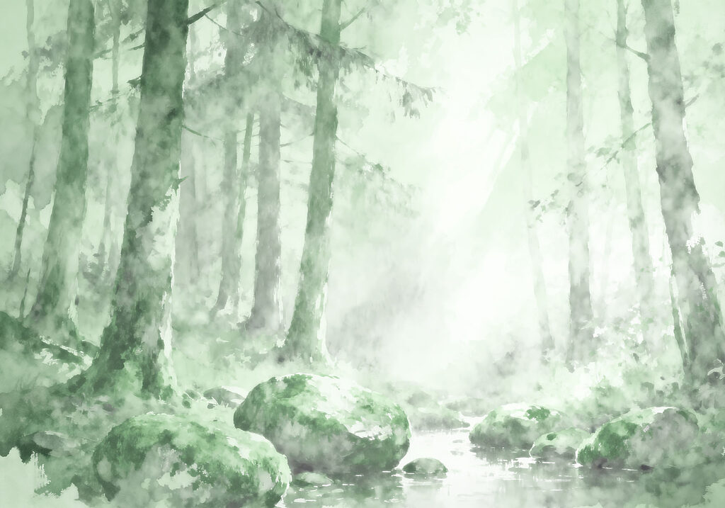 Watercolor painting of a forest with rocks and trees