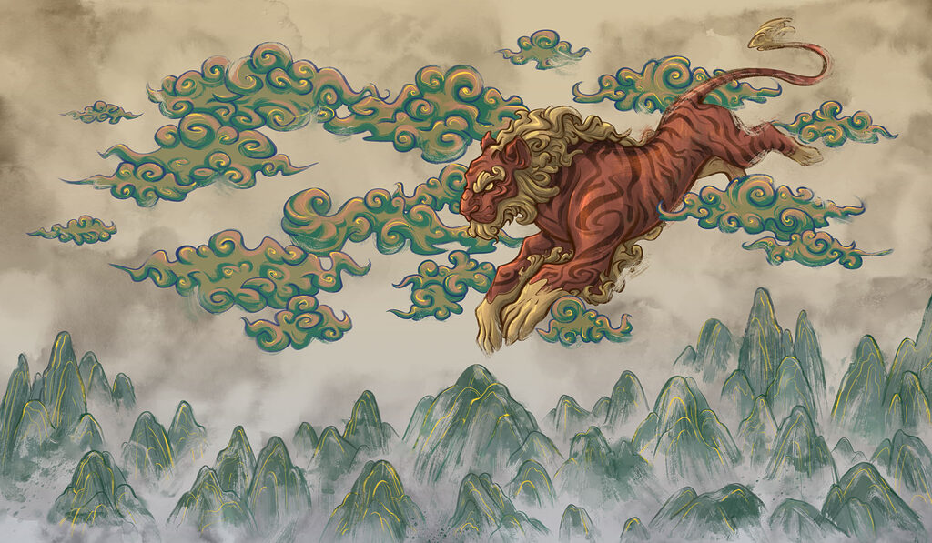 Painting of a tiger with clouds Painting of a tiger with clouds