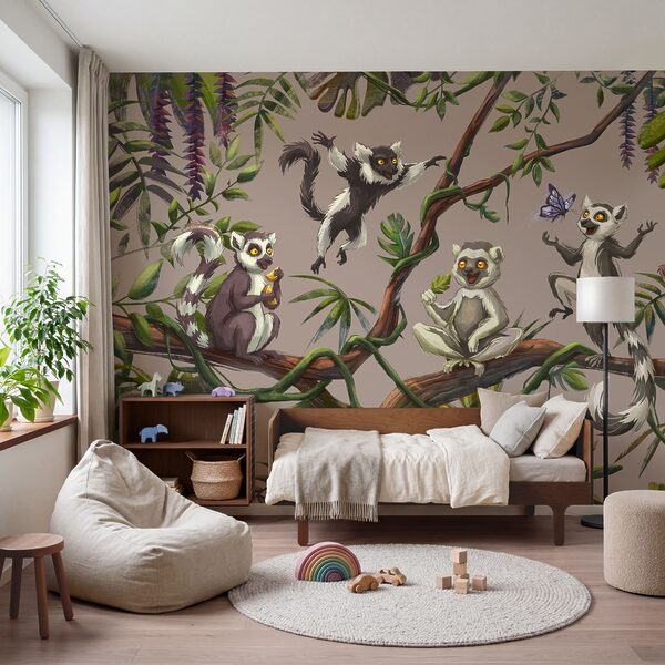 Group of lemurs on a tree branch