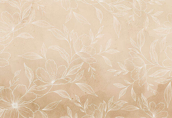 White flowers and leaves on a beige background White flowers and leaves on a beige background