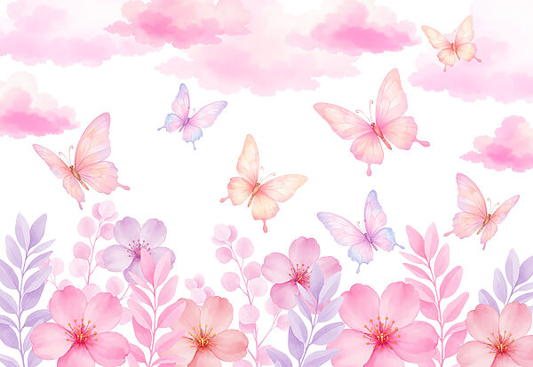 Pink and purple flowers and butterflies