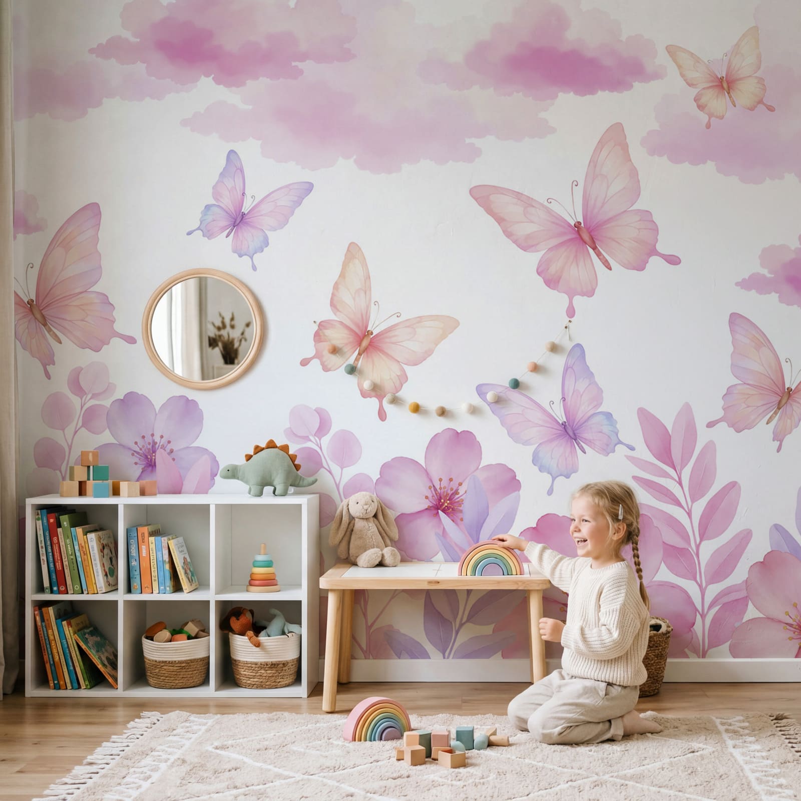 Pink and purple flowers and butterflies
