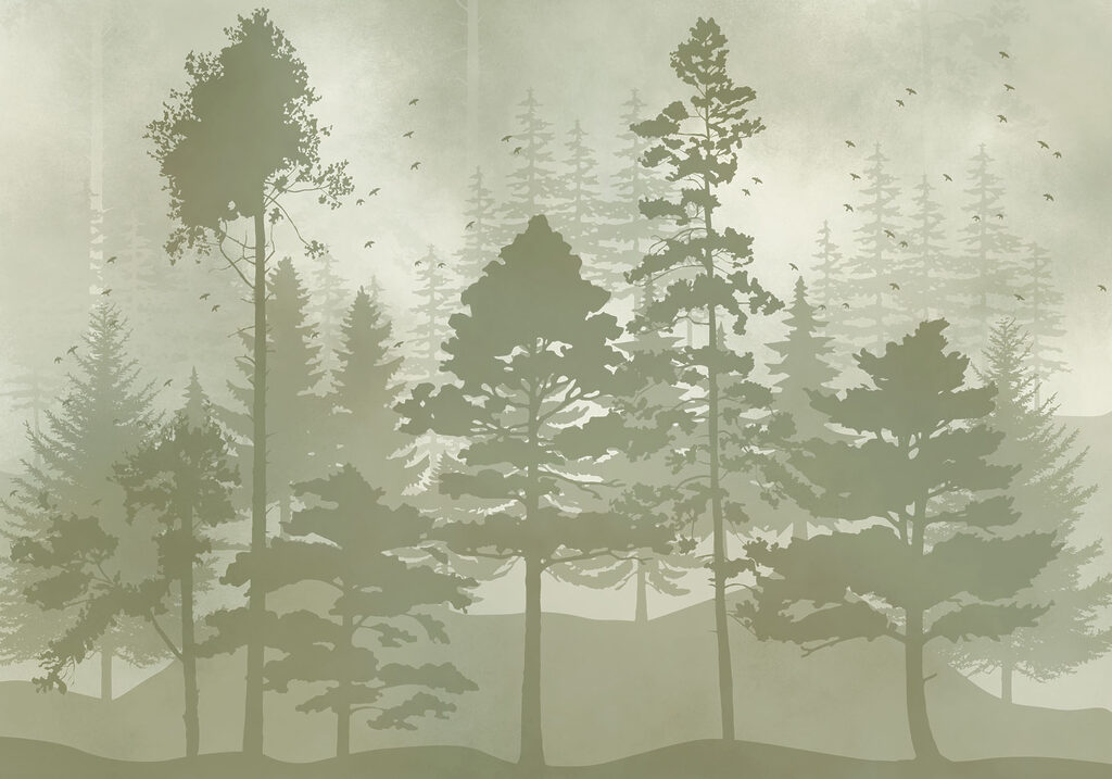 Group of trees with birds flying