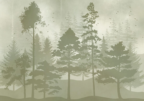 Group of trees with birds flying