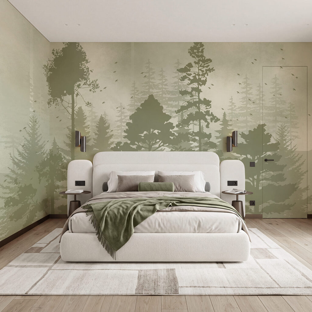 Group of trees with birds flying