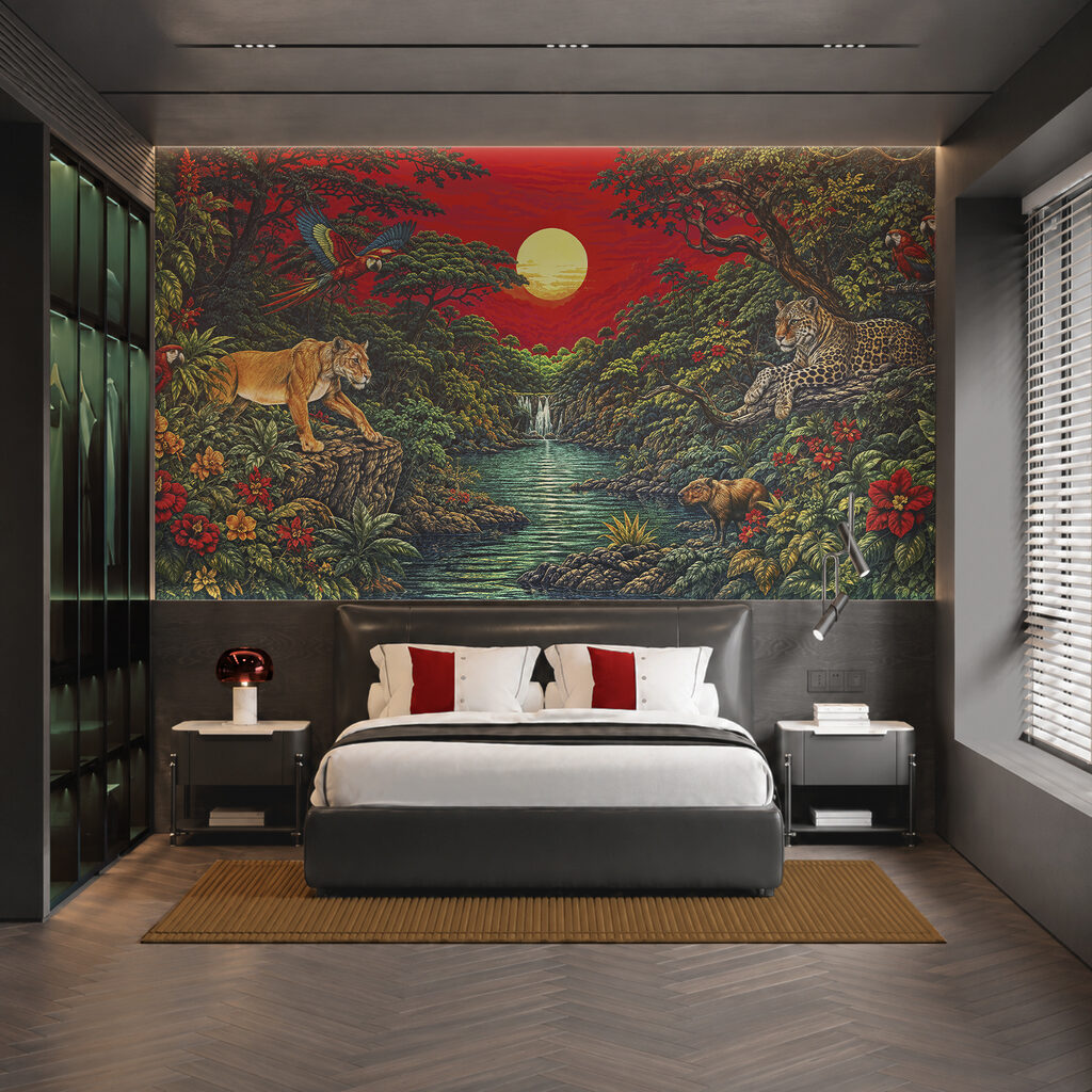 Painting of a river with a waterfall and a tiger Painting of a river with a waterfall and a tiger