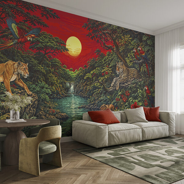 Painting of a river with a waterfall and a tiger Painting of a river with a waterfall and a tiger
