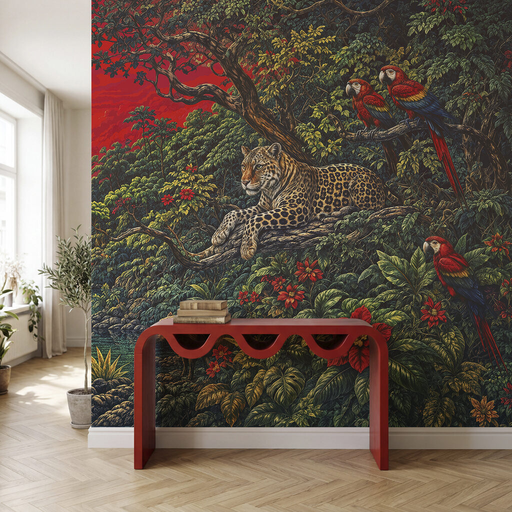 Painting of a river with a waterfall and a tiger Painting of a river with a waterfall and a tiger