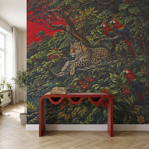 Painting of a river with a waterfall and a tiger Painting of a river with a waterfall and a tiger