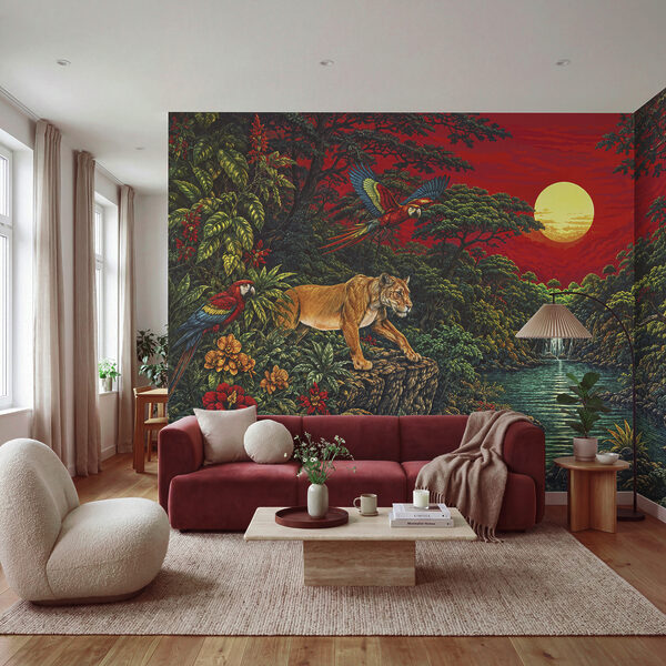 Painting of a river with a waterfall and a tiger Painting of a river with a waterfall and a tiger