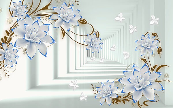 White and blue flowers on a white background White and blue flowers on a white background