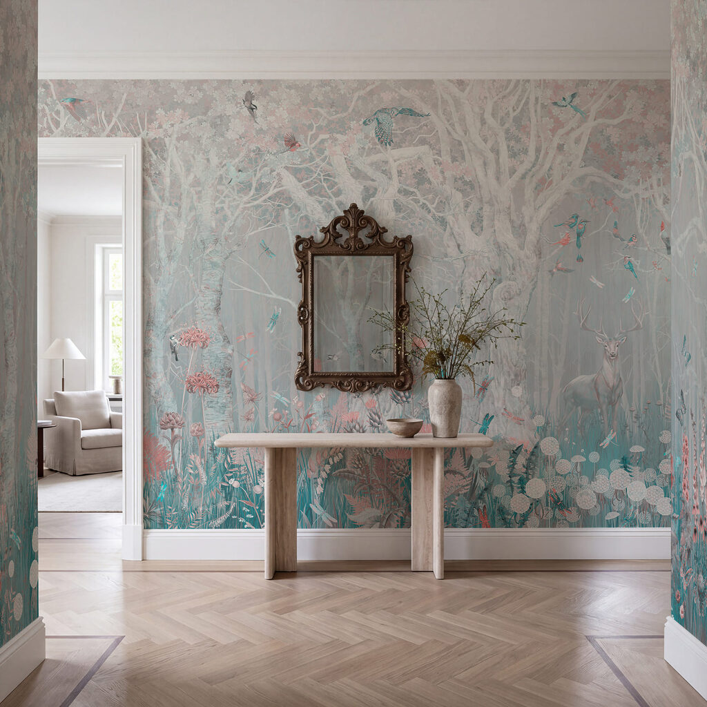 Painting of a deer and birds in a forest Painting of a deer and birds in a forest