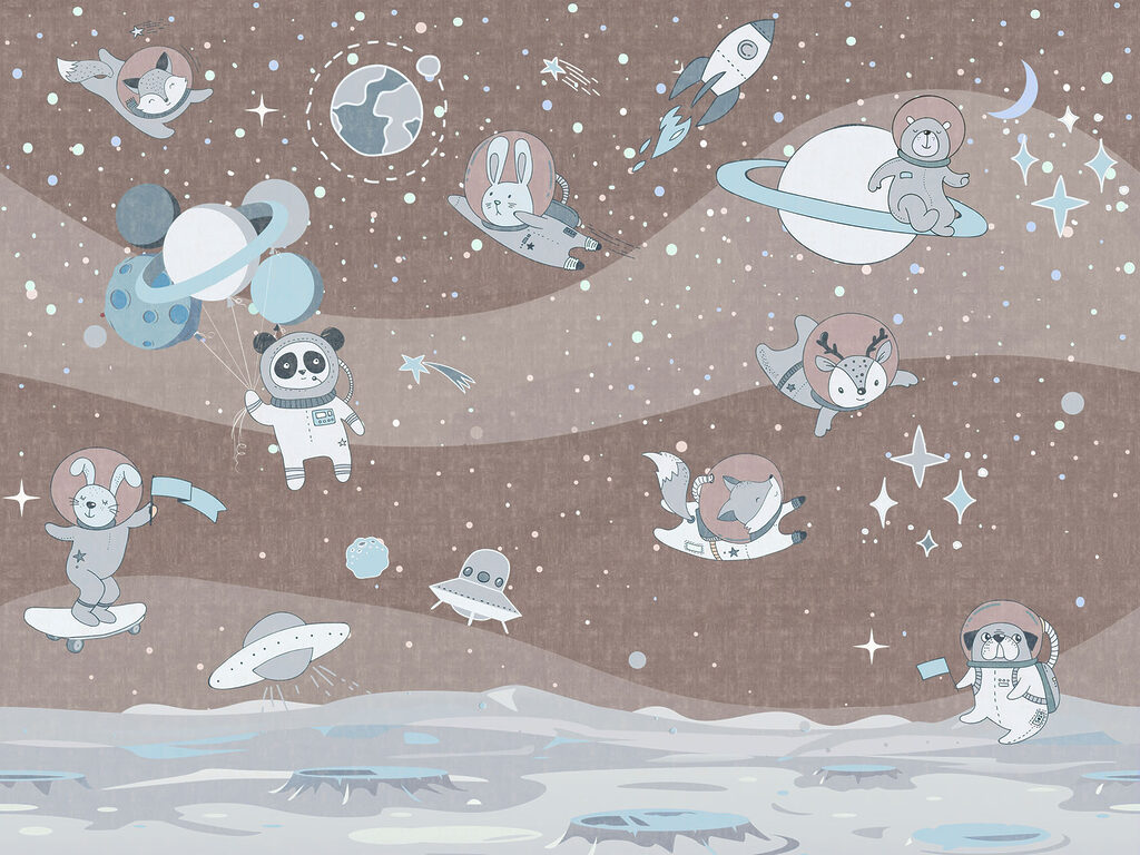 Cartoon space scene with planets and stars