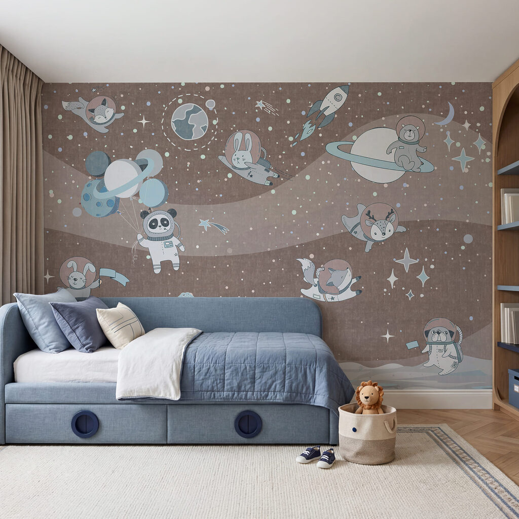 Cartoon space scene with planets and stars