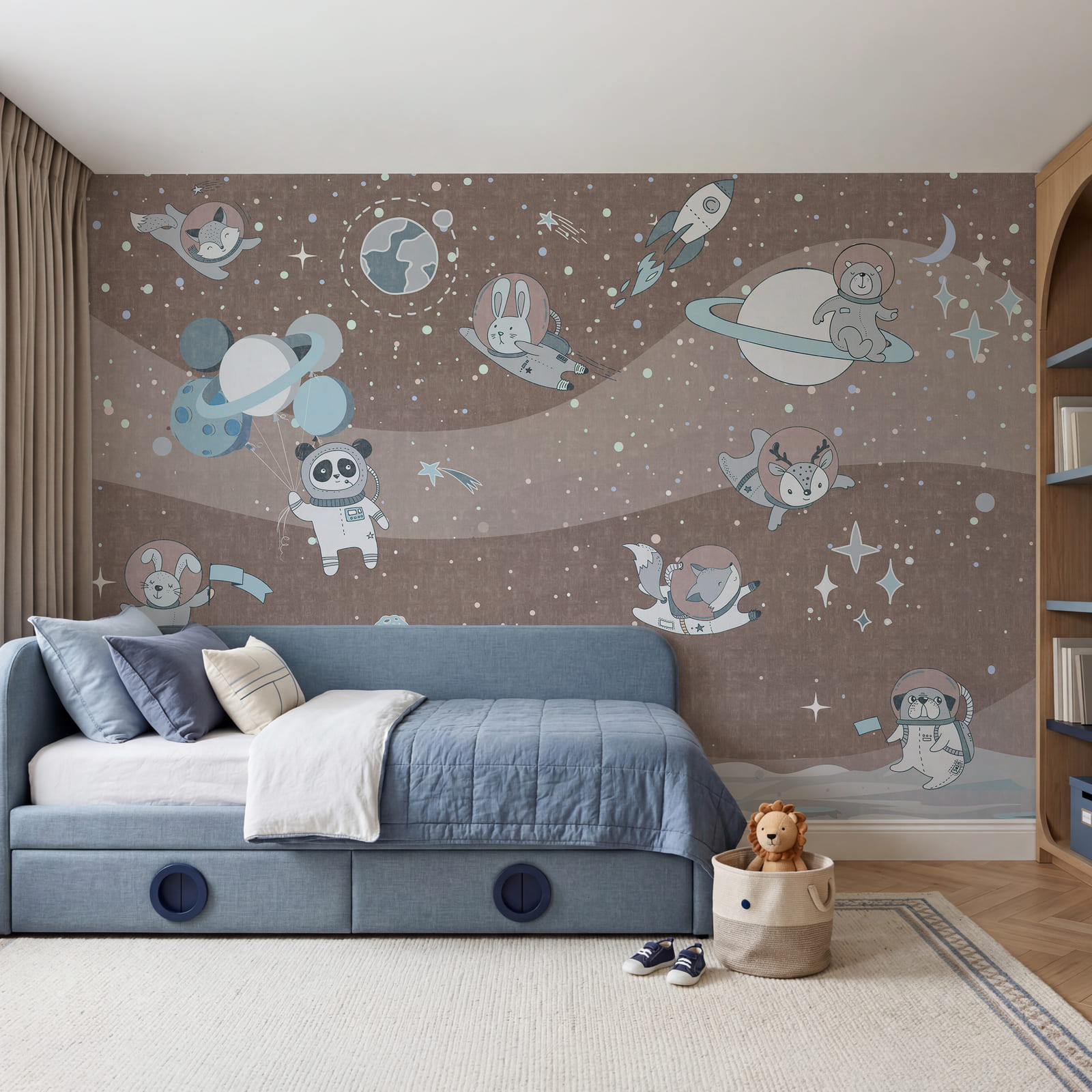 Cartoon space scene with planets and stars