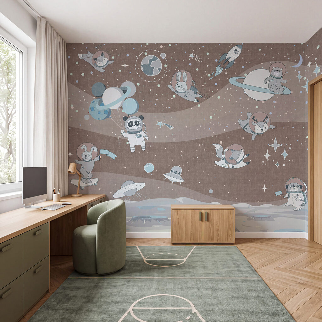Cartoon space scene with planets and stars