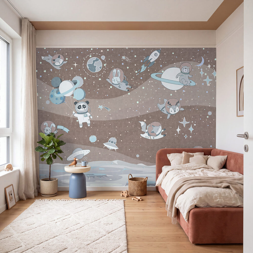 Cartoon space scene with planets and stars