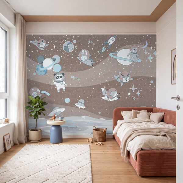 Cartoon space scene with planets and stars