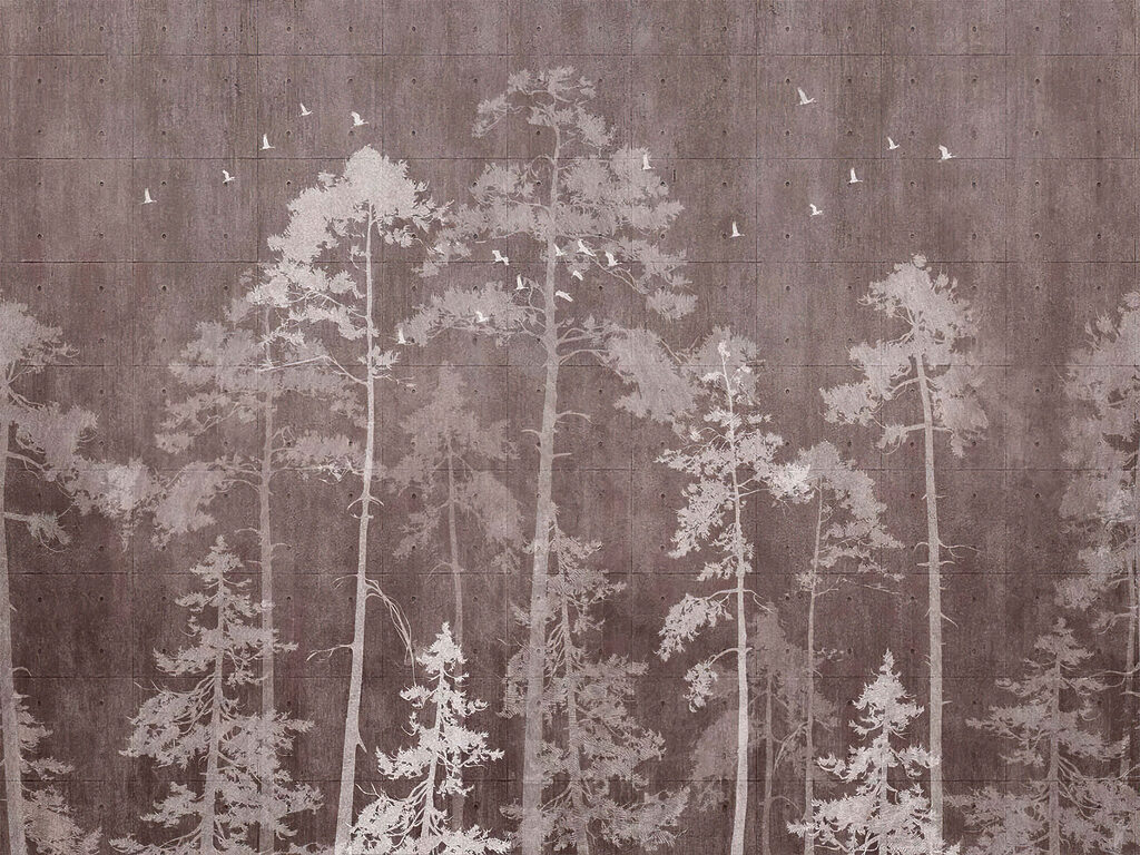 Group of trees with birds flying