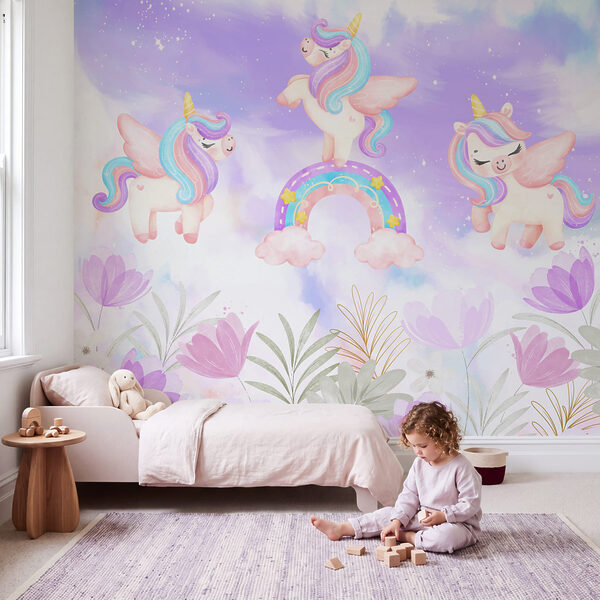 Wall mural Group of unicorns standing on rainbows and flowers (SKU: w04084)