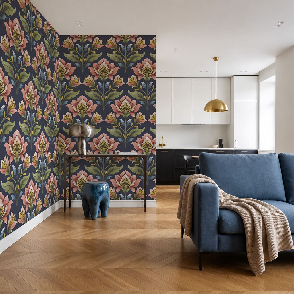 Wall mural Pattern of flowers on a blue background (SKU: t01094v1)