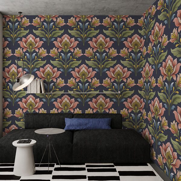 Wall mural Pattern of flowers on a blue background (SKU: t01094v1)
