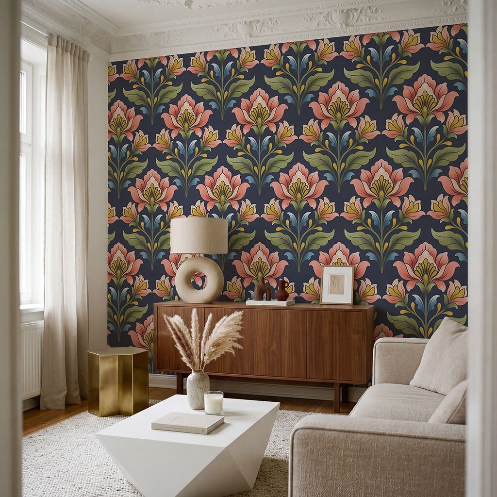 Wall mural Pattern of flowers on a blue background (SKU: t01094v1)