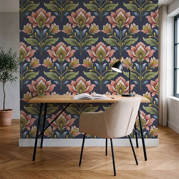 Wall mural Pattern of flowers on a blue background (SKU: t01094v1)