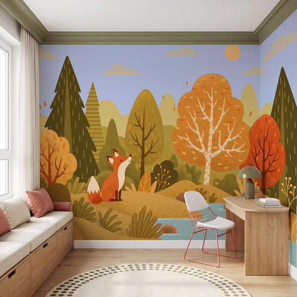 Wall mural Fox sitting on a hill near a river (SKU: t01041) Wall mural Fox sitting on a hill near a river (SKU: t01041)