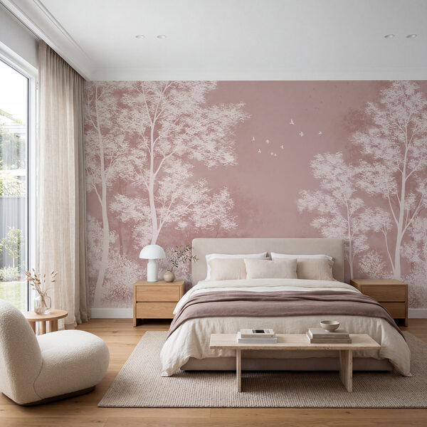 Wall mural Group of trees with birds flying in the sky (SKU: t01043)