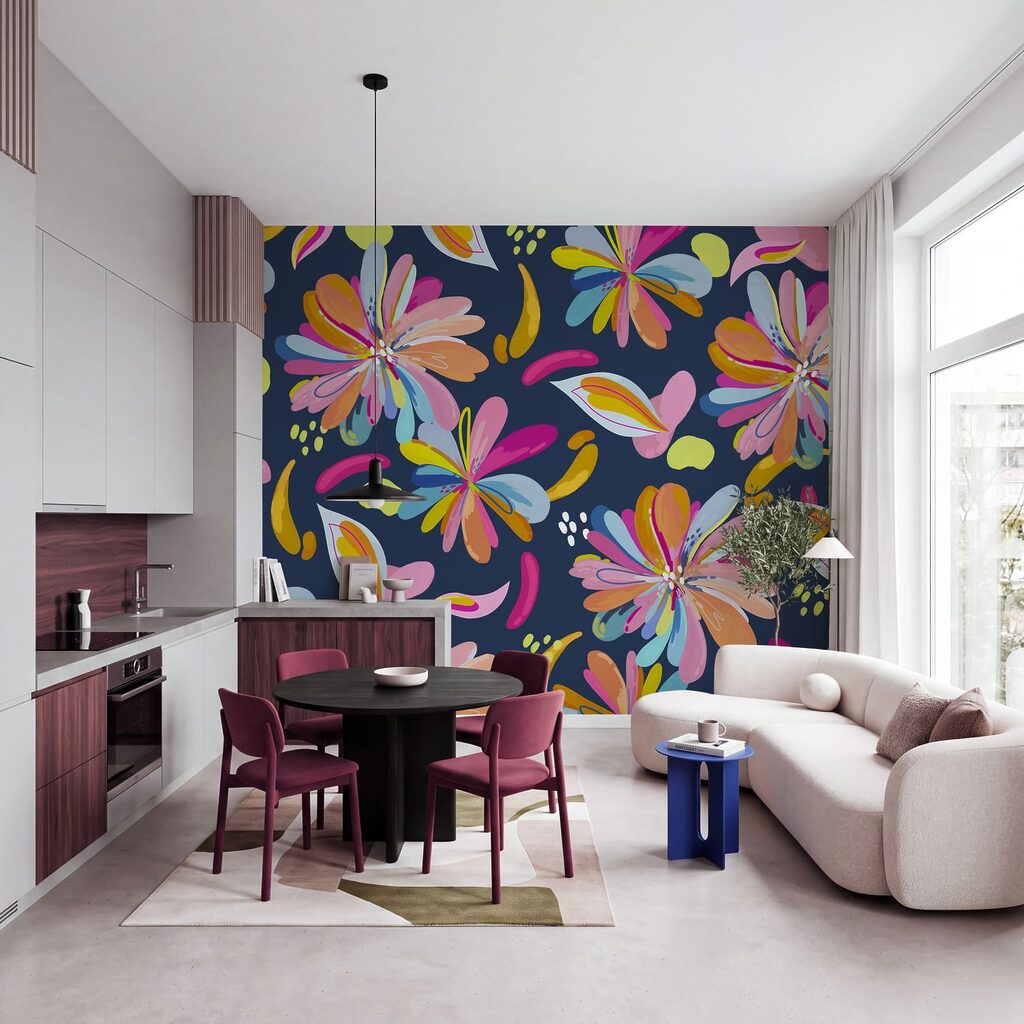 Wall mural Colorful flowers on a blue background (SKU: t01059v4) Wall mural Colorful flowers on a blue background (SKU: t01059v4)