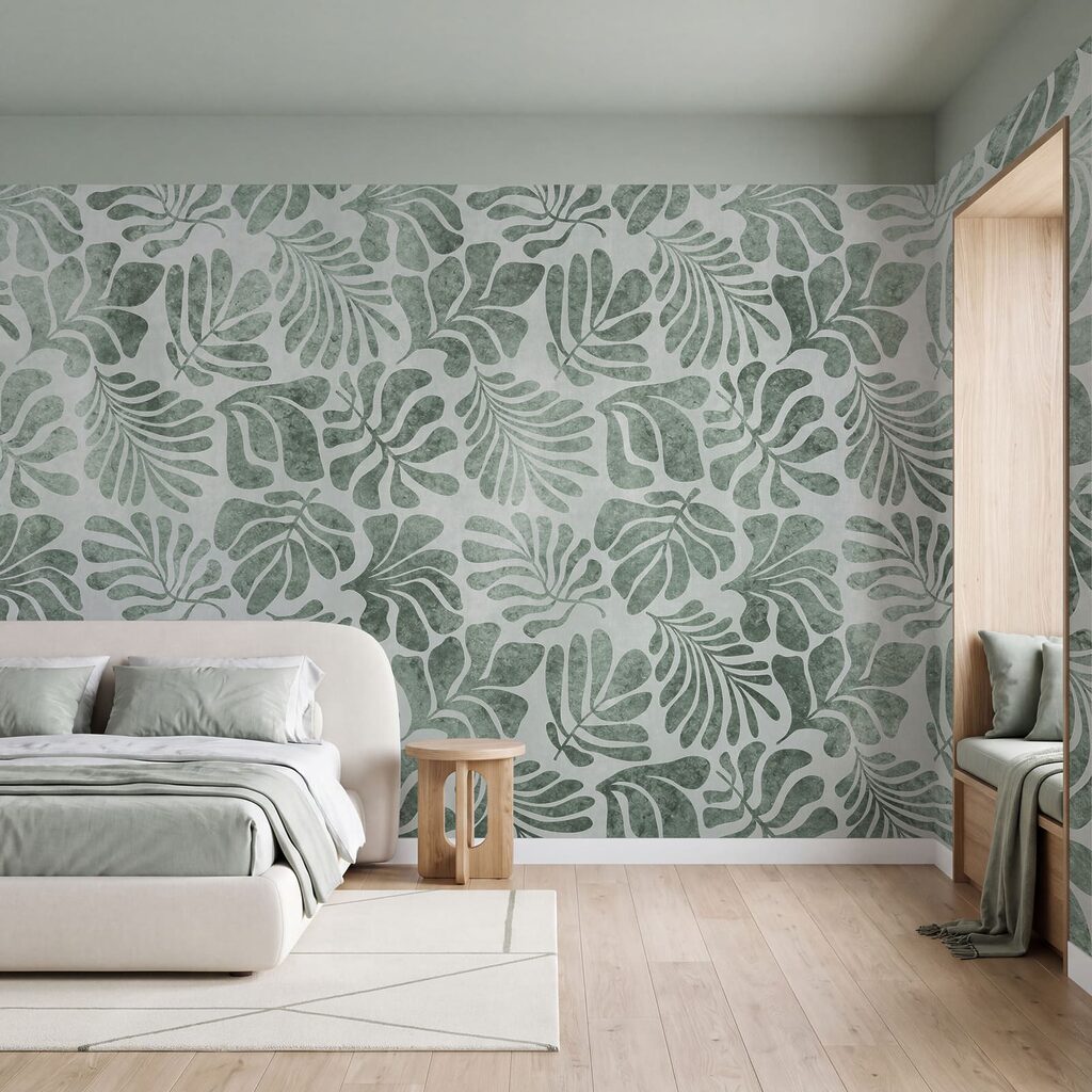 Wall mural Pattern of leaves on a white surface (SKU: t01111v1)