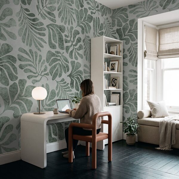 Wall mural Pattern of leaves on a white surface (SKU: t01111v1)