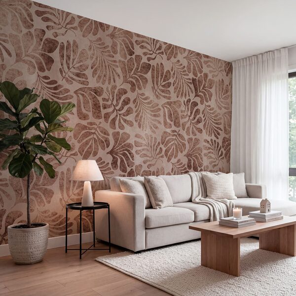 Wall mural Pattern of leaves on a pink surface (SKU: t01111v3) Wall mural Pattern of leaves on a pink surface (SKU: t01111v3)