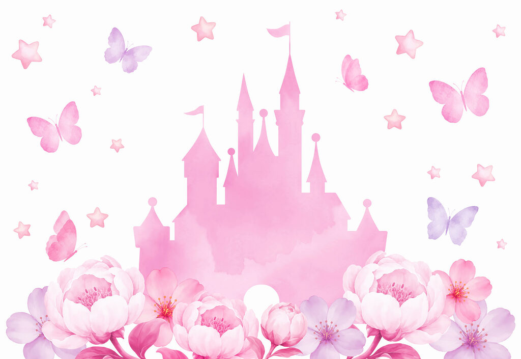 Wall mural Pink castle with butterflies and flowers (SKU: t01113) Wall mural Pink castle with butterflies and flowers (SKU: t01113)