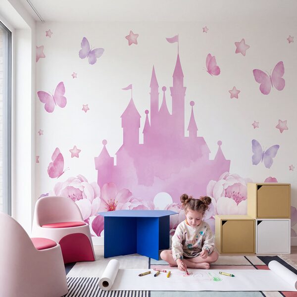 Wall mural Pink castle with butterflies and flowers (SKU: t01113) Wall mural Pink castle with butterflies and flowers (SKU: t01113)