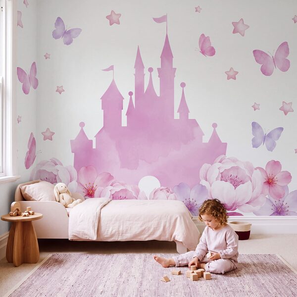 Wall mural Pink castle with butterflies and flowers (SKU: t01113) Wall mural Pink castle with butterflies and flowers (SKU: t01113)