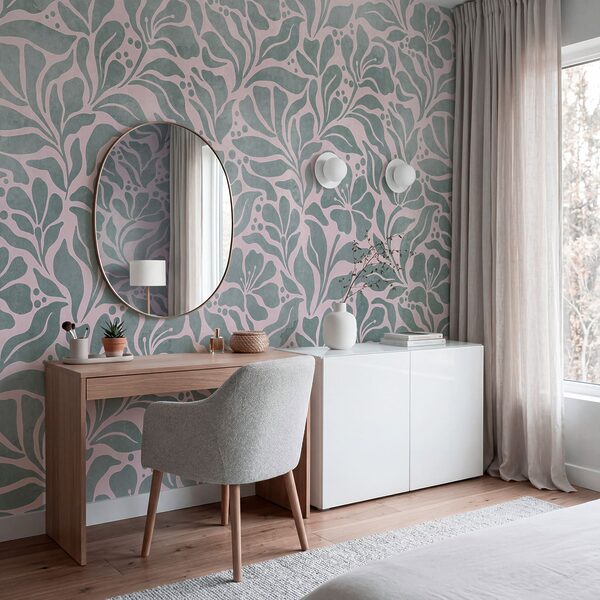 Wall mural Pattern of leaves on a pink background (SKU: t01114v3) Wall mural Pattern of leaves on a pink background (SKU: t01114v3)