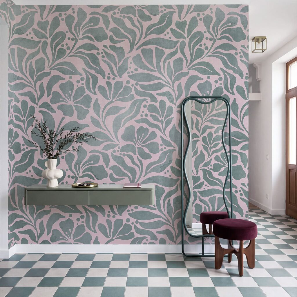 Wall mural Pattern of leaves on a pink background (SKU: t01114v3) Wall mural Pattern of leaves on a pink background (SKU: t01114v3)