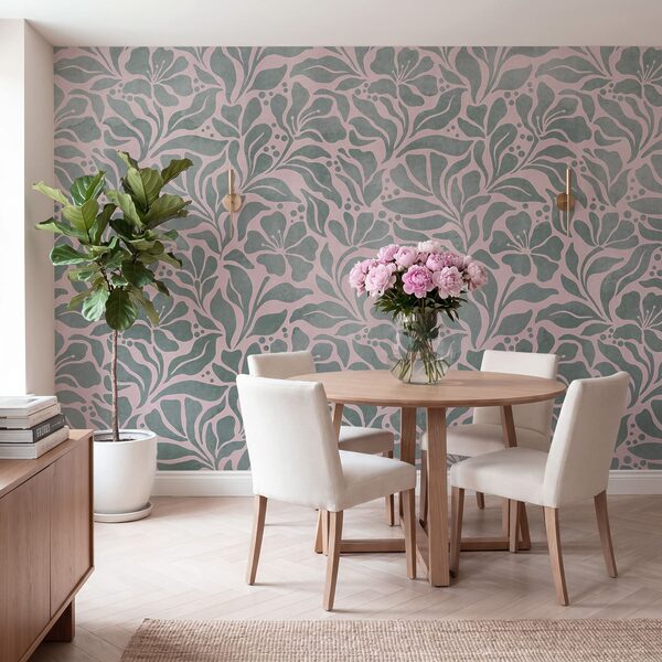 Wall mural Pattern of leaves on a pink background (SKU: t01114v3) Wall mural Pattern of leaves on a pink background (SKU: t01114v3)