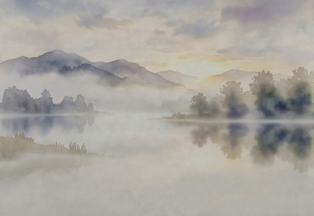 Wall mural Watercolor painting of a lake with trees and mountains in the background (SKU: t01068) Wall mural Watercolor painting of a lake with trees and mountains in the background (SKU: t01068)