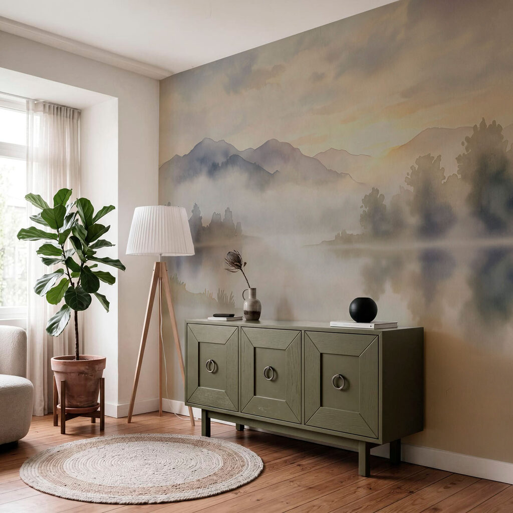 Wall mural Watercolor painting of a lake with trees and mountains in the background (SKU: t01068) Wall mural Watercolor painting of a lake with trees and mountains in the background (SKU: t01068)