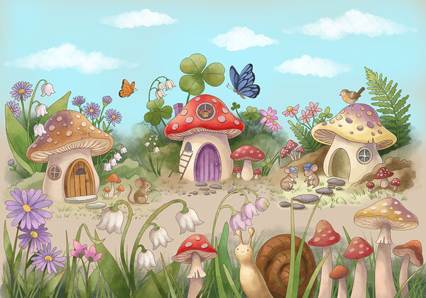 Wall mural Cartoon of mushrooms and snails (SKU: t01104) Wall mural Cartoon of mushrooms and snails (SKU: t01104)