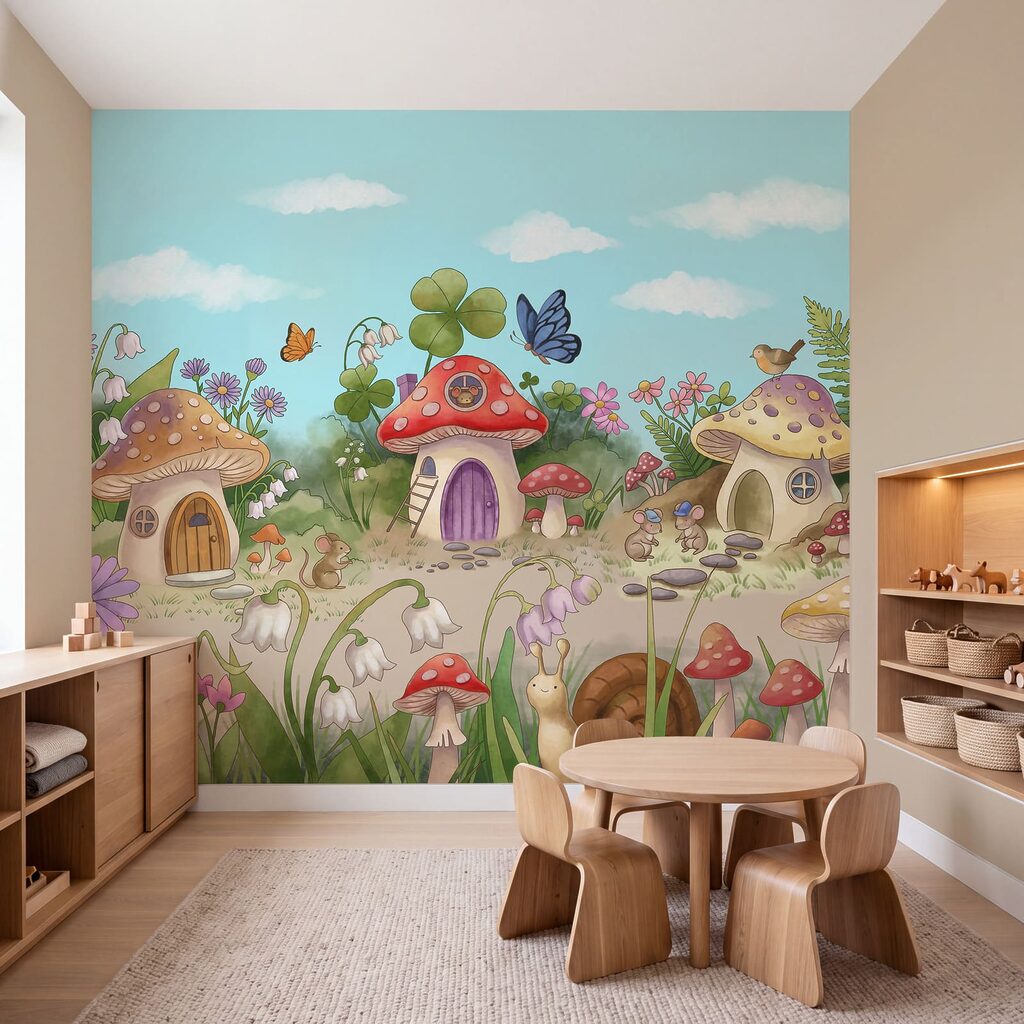 Wall mural Cartoon of mushrooms and snails (SKU: t01104) Wall mural Cartoon of mushrooms and snails (SKU: t01104)