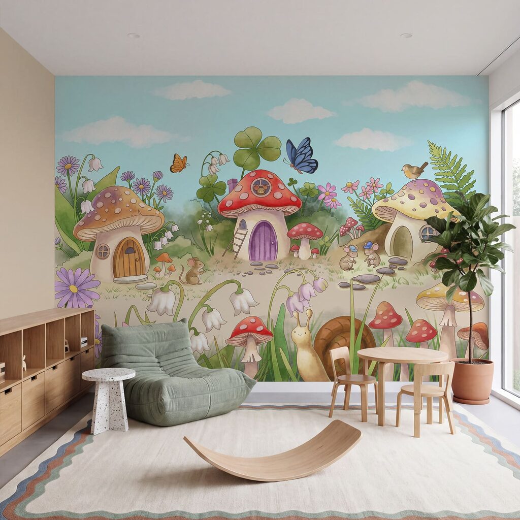 Wall mural Cartoon of mushrooms and snails (SKU: t01104) Wall mural Cartoon of mushrooms and snails (SKU: t01104)