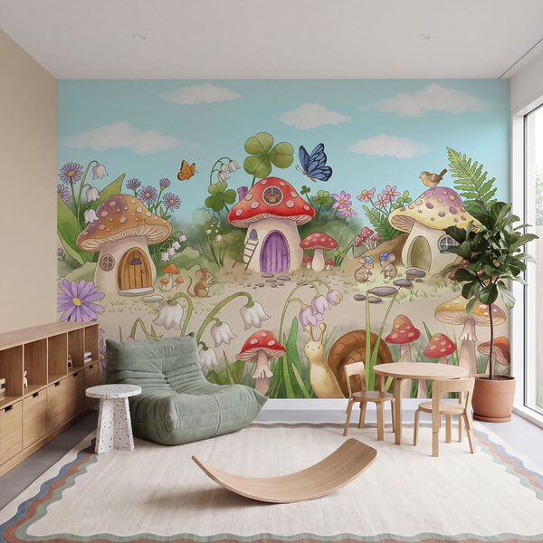 Wall mural Cartoon of mushrooms and snails (SKU: t01104) Wall mural Cartoon of mushrooms and snails (SKU: t01104)